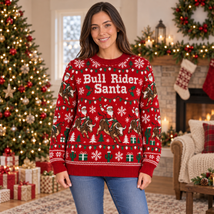 [popular-sweater:PX-19-17:female] Bull Rider Santa Ugly Christmas Sweatshirt - Female view