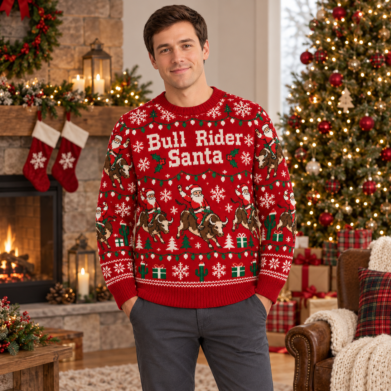 [popular-sweater:PX-19-17:male] Bull Rider Santa Ugly Christmas Sweatshirt - Male view