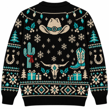 [popular-sweater:PX-19-18:back] Turquoise Christmas Western Ugly Christmas Sweatshirt - Back view