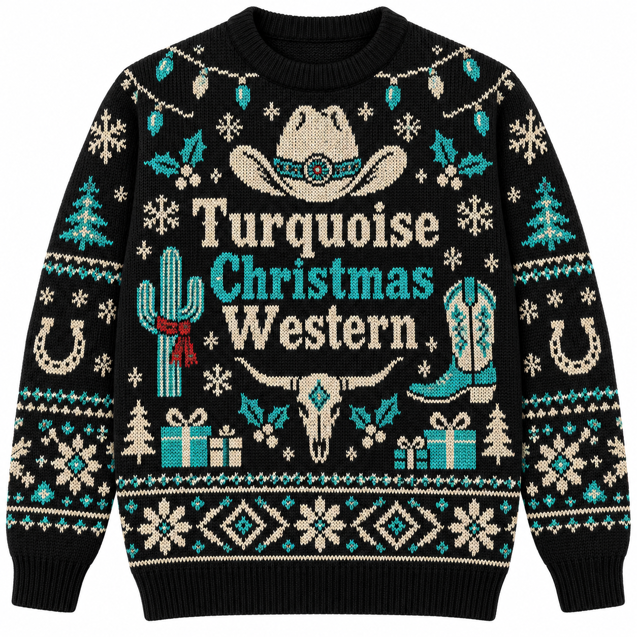 [popular-sweater:PX-19-18:front] Turquoise Christmas Western Ugly Christmas Sweatshirt - Front view