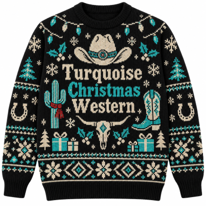 [popular-sweater:PX-19-18:front] Turquoise Christmas Western Ugly Christmas Sweatshirt - Front view