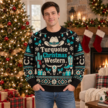 [popular-sweater:PX-19-18:male] Turquoise Christmas Western Ugly Christmas Sweatshirt - Male view
