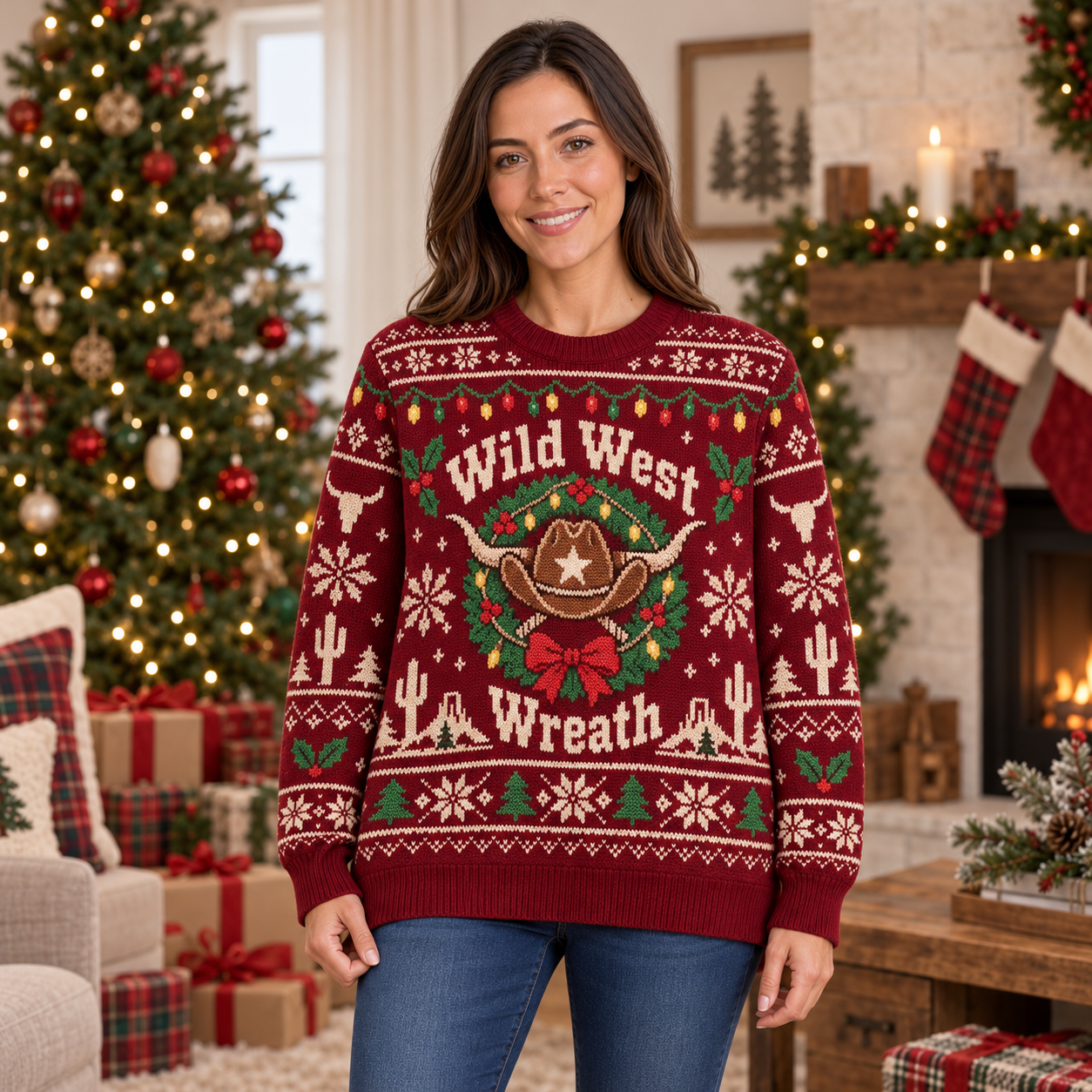 [popular-sweater:PX-19-20:female] Wild West Wreath Ugly Christmas Sweatshirt - Female view