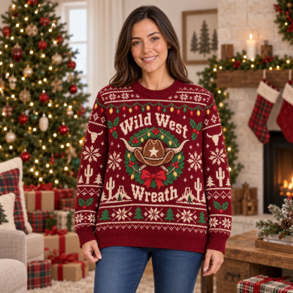 [popular-sweater:PX-19-20:female] Wild West Wreath Ugly Christmas Sweatshirt - Female view