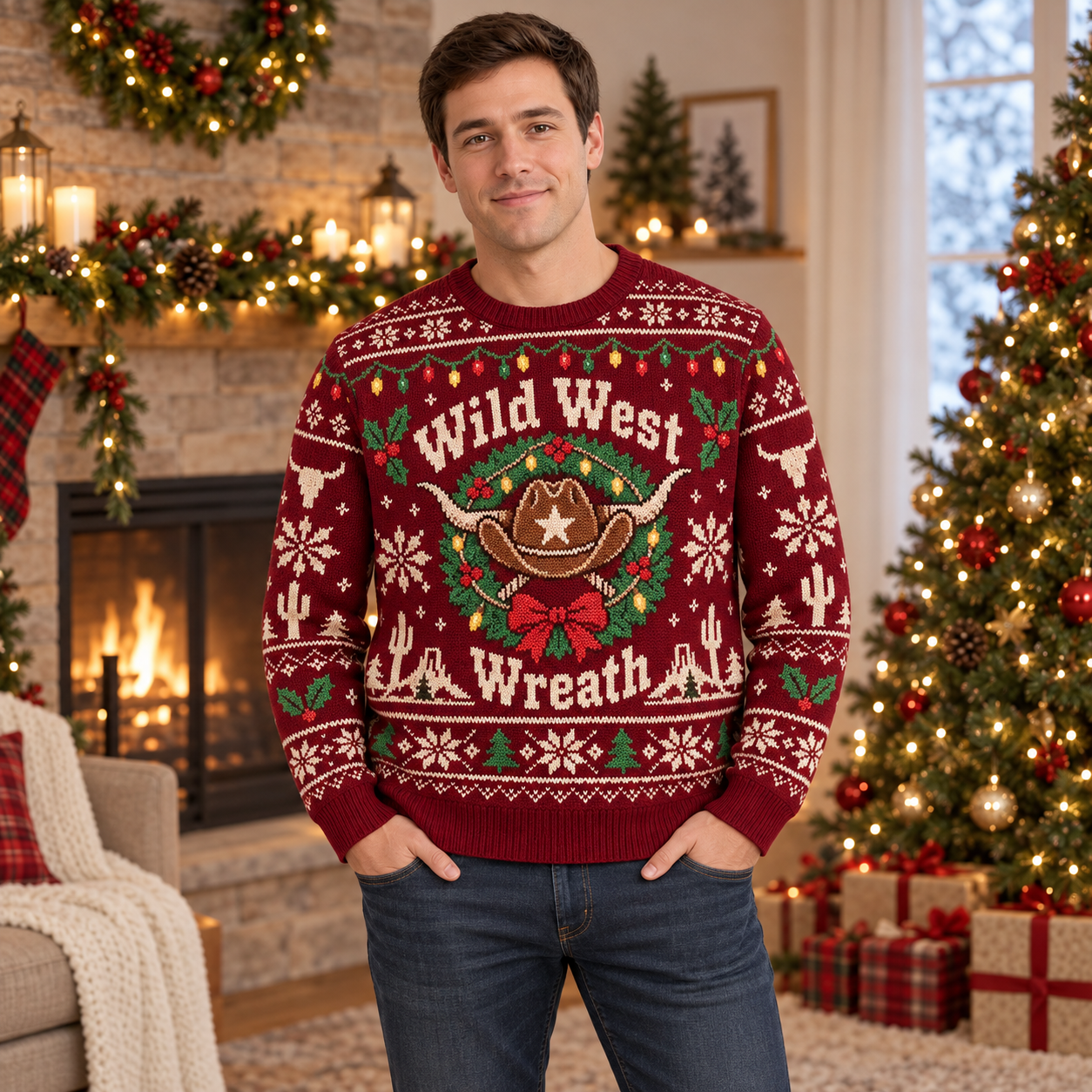 [popular-sweater:PX-19-20:male] Wild West Wreath Ugly Christmas Sweatshirt - Male view