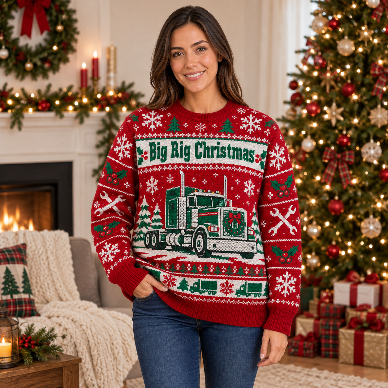 [popular-sweater:PX-20-01:female] Big Rig Christmas Ugly Christmas Sweatshirt - Female view