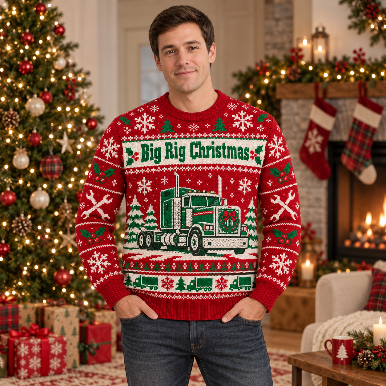 [popular-sweater:PX-20-01:male] Big Rig Christmas Ugly Christmas Sweatshirt - Male view