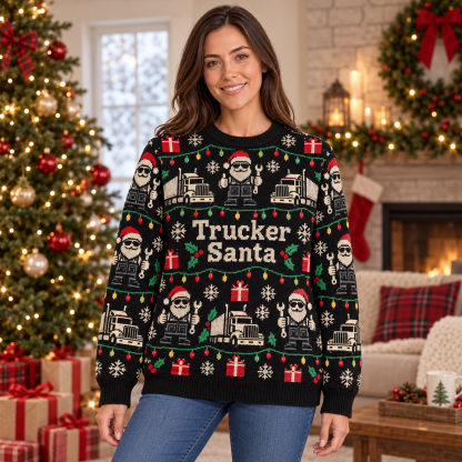 [popular-sweater:PX-20-02:female] Trucker Santa Ugly Christmas Sweatshirt - Female view