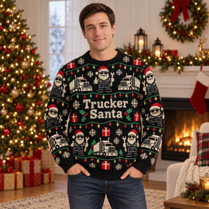 [popular-sweater:PX-20-02:male] Trucker Santa Ugly Christmas Sweatshirt - Male view