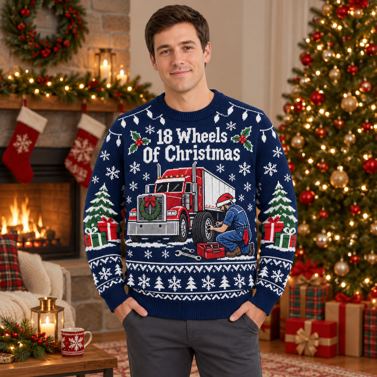 [popular-sweater:PX-20-03:male] 18 Wheels Of Christmas Ugly Christmas Sweatshirt - Male view