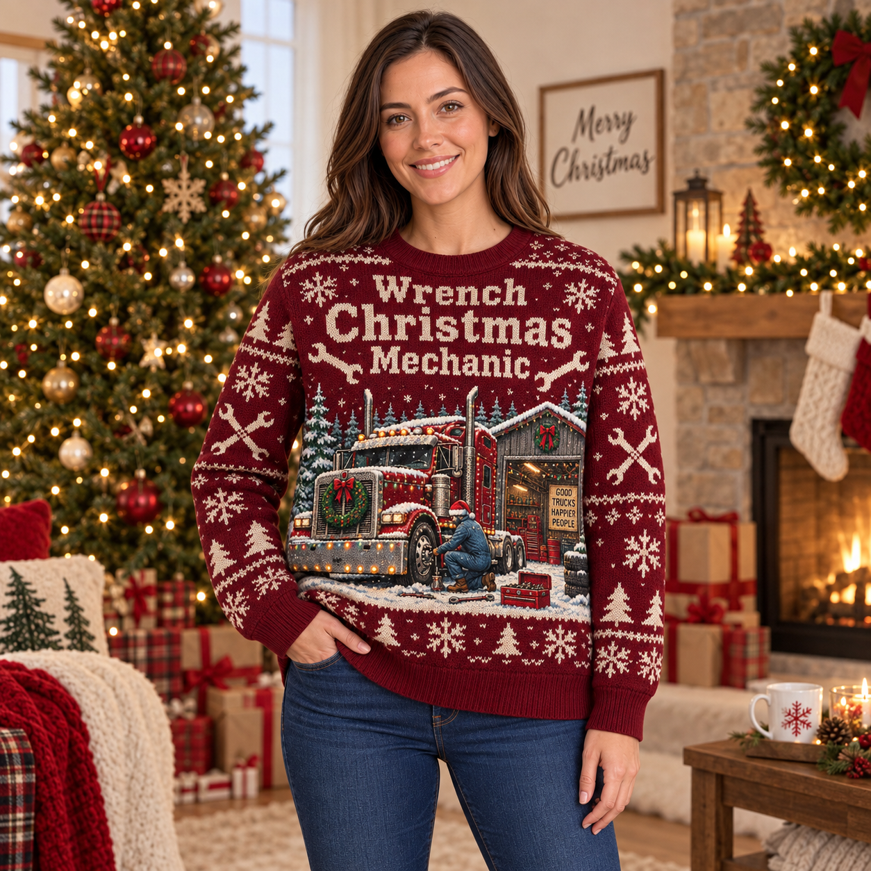 [popular-sweater:PX-20-04:female] Wrench Christmas Mechanic Ugly Christmas Sweatshirt - Female view