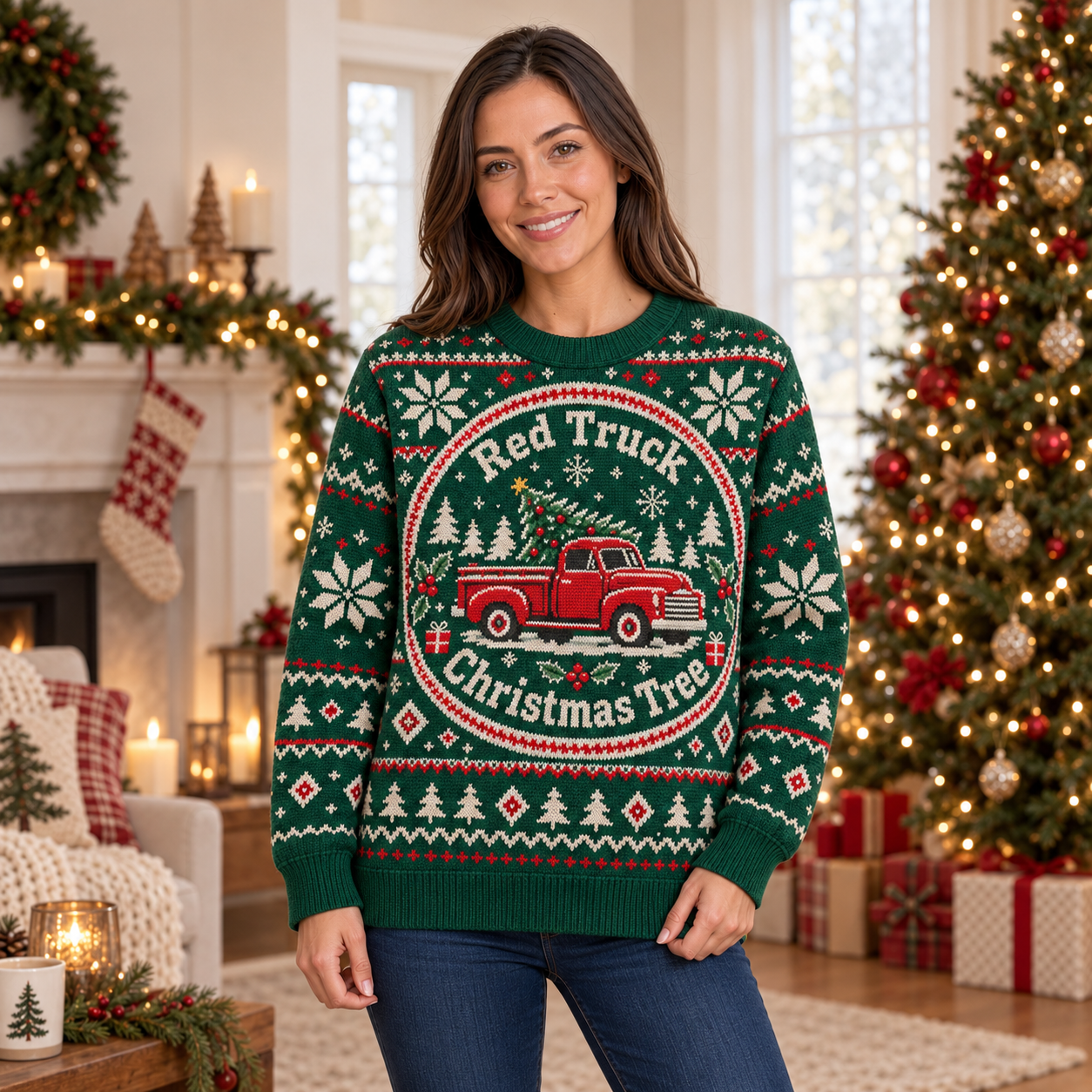 [popular-sweater:PX-20-05:female] Red Truck Christmas Tree Ugly Christmas Sweatshirt - Female view