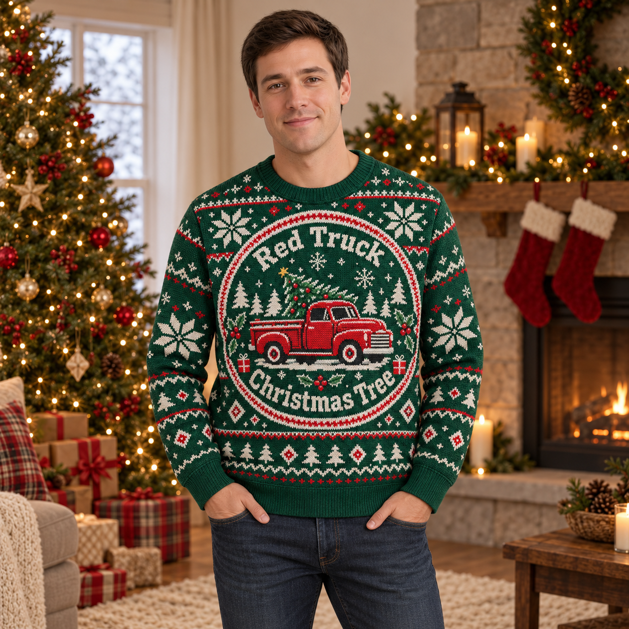 [popular-sweater:PX-20-05:male] Red Truck Christmas Tree Ugly Christmas Sweatshirt - Male view