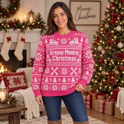 [popular-sweater:PX-20-06:female] Grease Monkey Christmas Ugly Christmas Sweatshirt - Female view