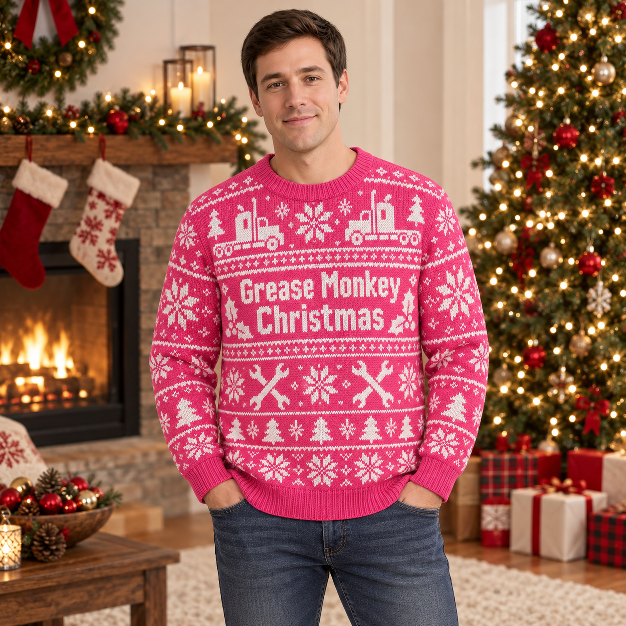 [popular-sweater:PX-20-06:male] Grease Monkey Christmas Ugly Christmas Sweatshirt - Male view