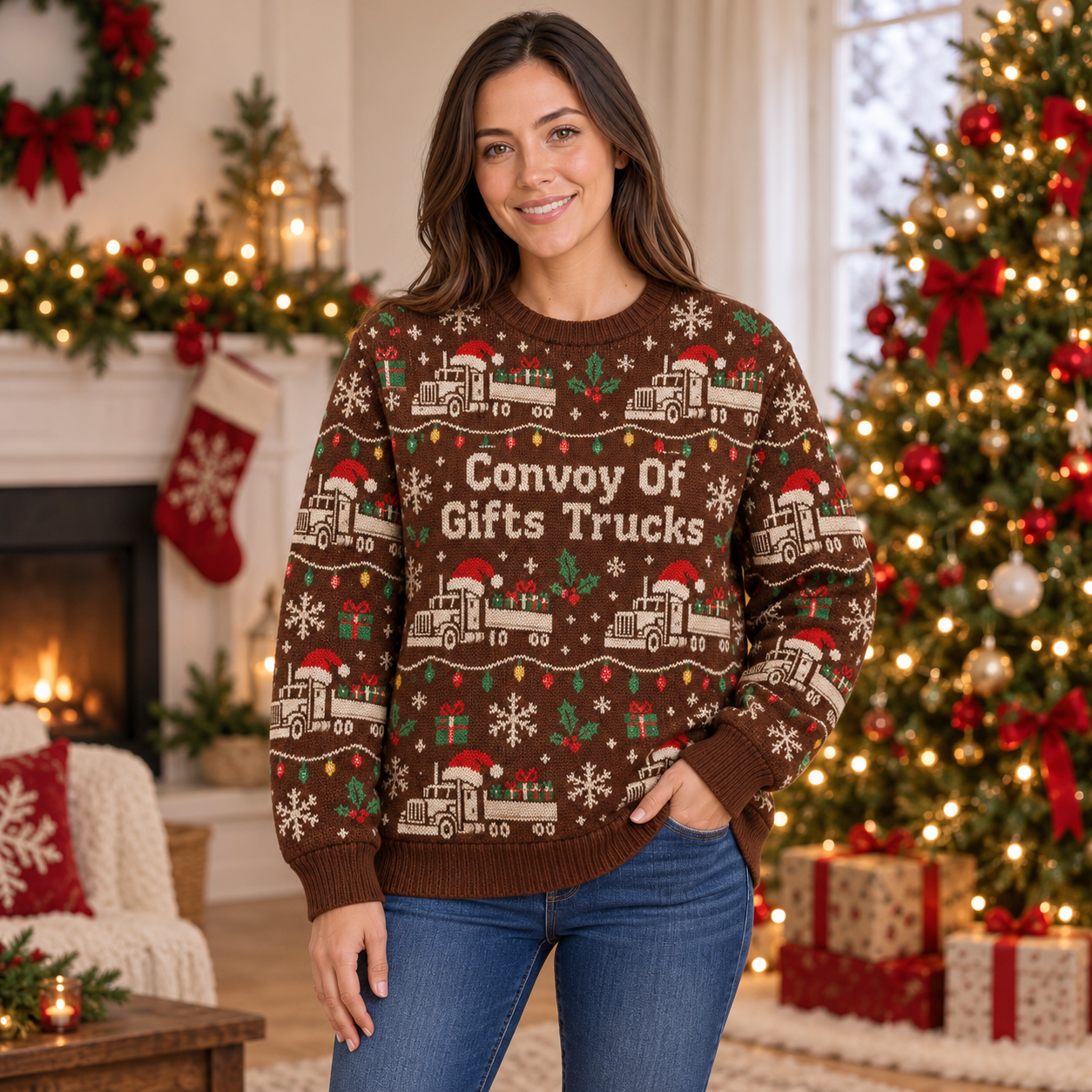 [popular-sweater:PX-20-07:female] Convoy Of Gifts Trucks Ugly Christmas Sweatshirt - Female view