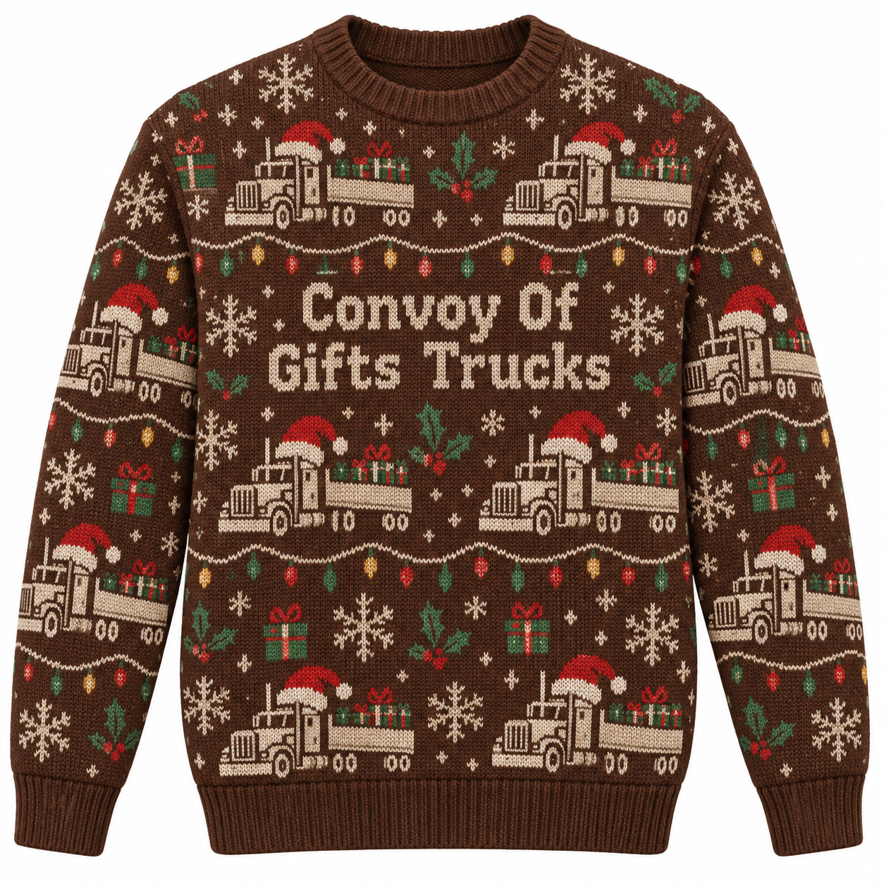 [popular-sweater:PX-20-07:front] Convoy Of Gifts Trucks Ugly Christmas Sweatshirt - Front view