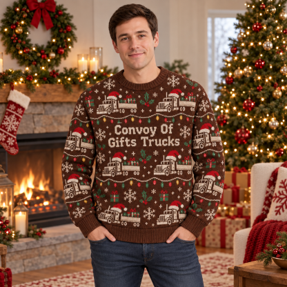 [popular-sweater:PX-20-07:male] Convoy Of Gifts Trucks Ugly Christmas Sweatshirt - Male view