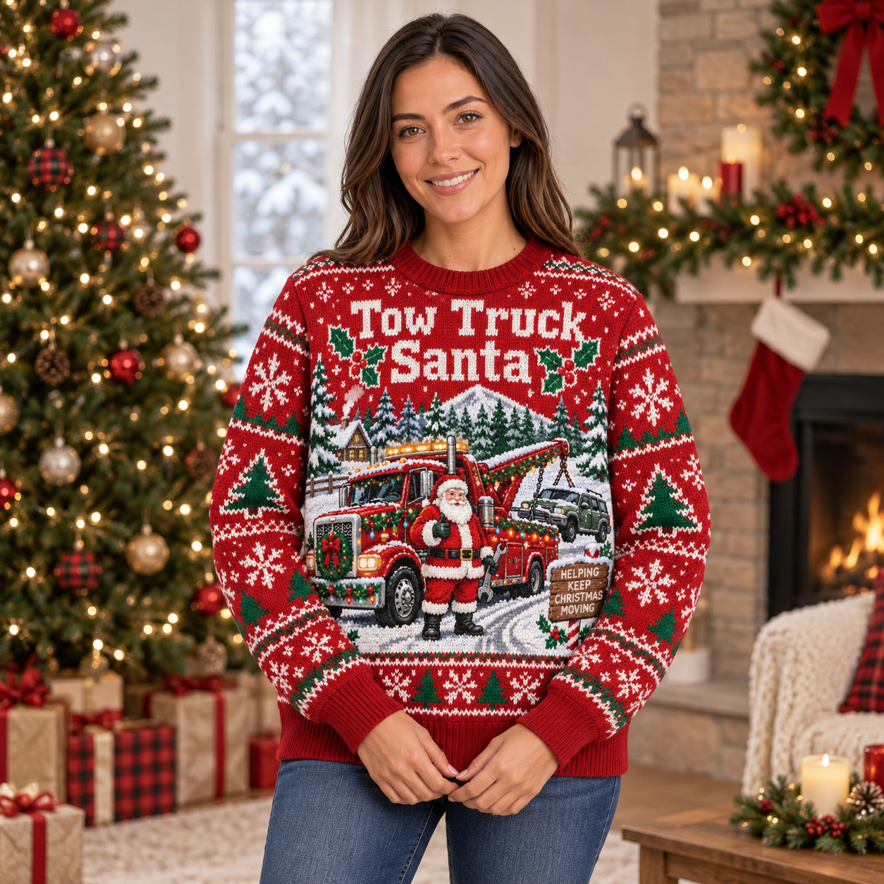 [popular-sweater:PX-20-09:female] Tow Truck Santa Ugly Christmas Sweatshirt - Female view