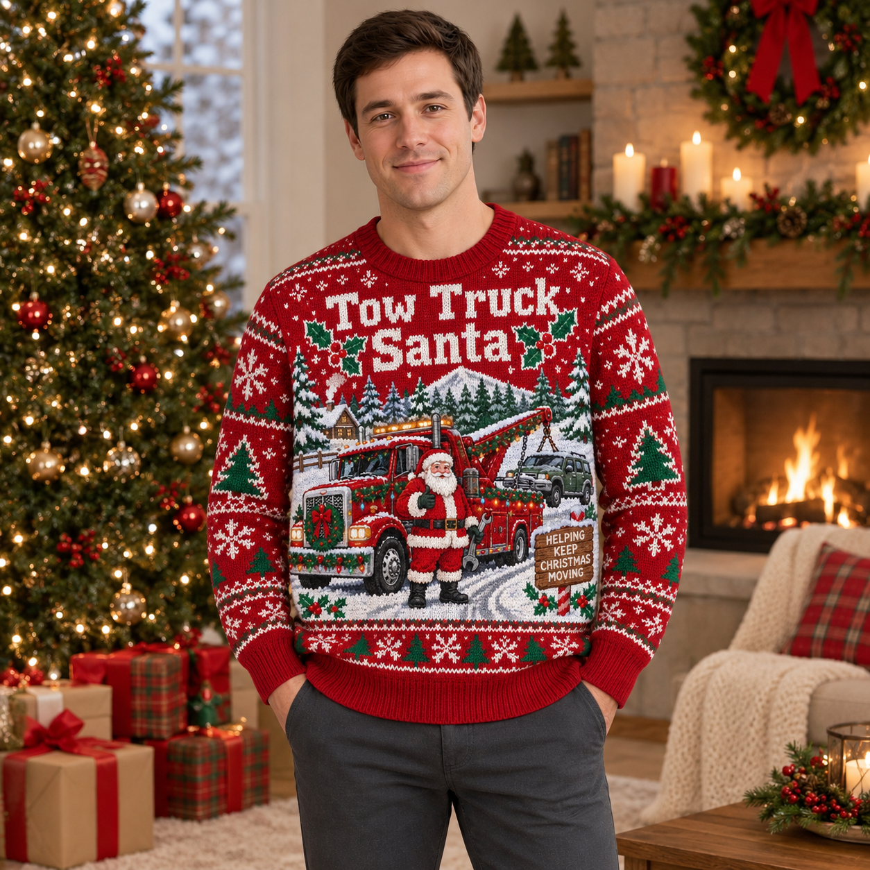 [popular-sweater:PX-20-09:male] Tow Truck Santa Ugly Christmas Sweatshirt - Male view