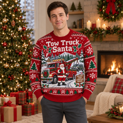 [popular-sweater:PX-20-09:male] Tow Truck Santa Ugly Christmas Sweatshirt - Male view