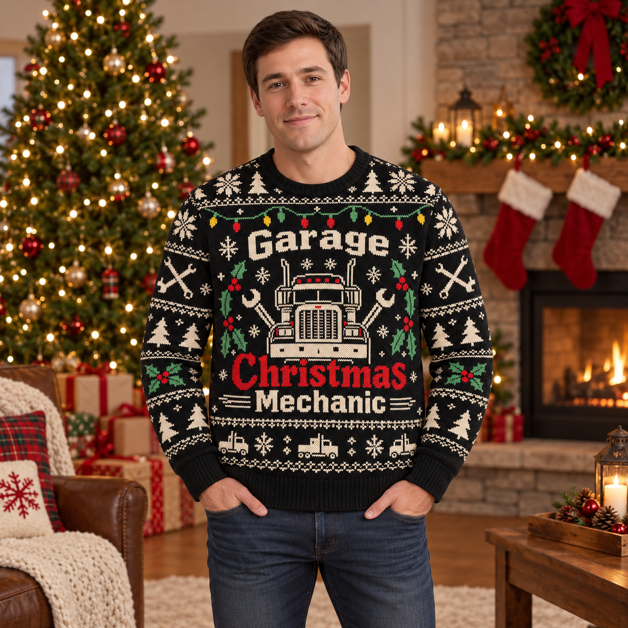 [popular-sweater:PX-20-10:male] Garage Christmas Mechanic Ugly Christmas Sweatshirt - Male view