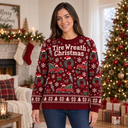 [popular-sweater:PX-20-12:female] Tire Wreath Christmas Ugly Christmas Sweatshirt - Female view