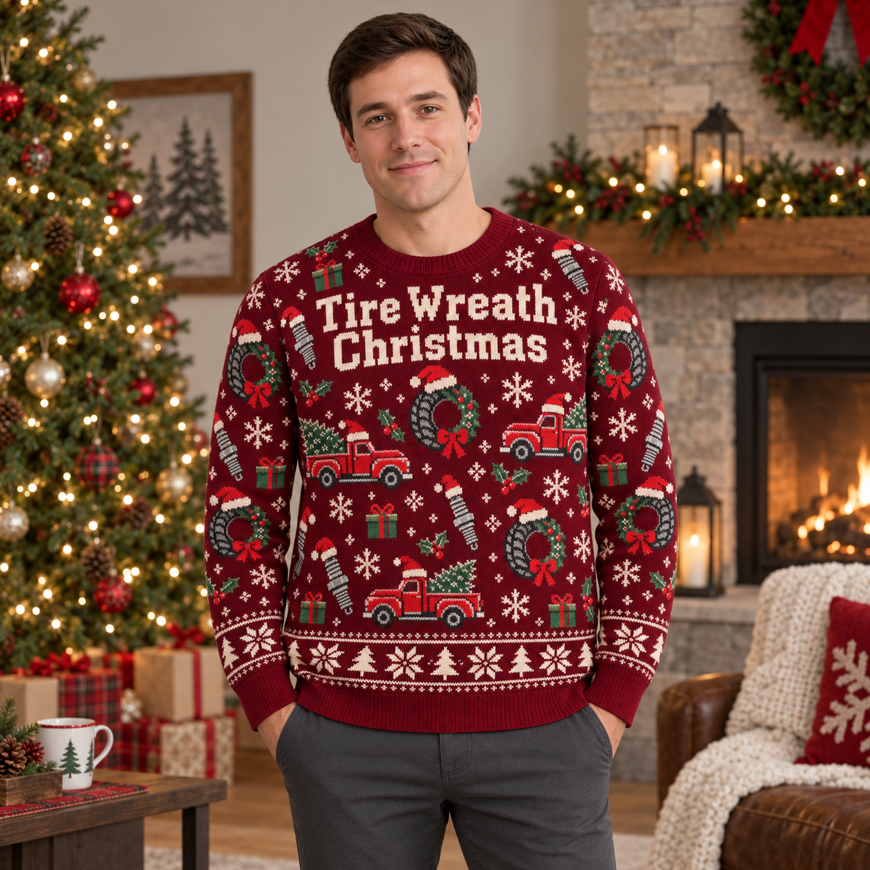 [popular-sweater:PX-20-12:male] Tire Wreath Christmas Ugly Christmas Sweatshirt - Male view