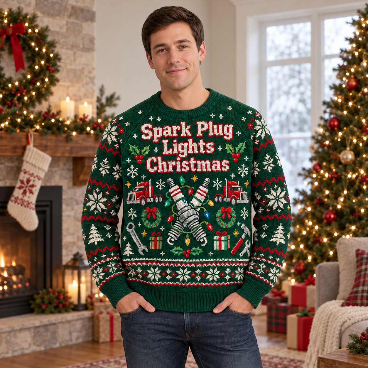 [popular-sweater:PX-20-13:male] Spark Plug Lights Christmas Ugly Christmas Sweatshirt - Male view