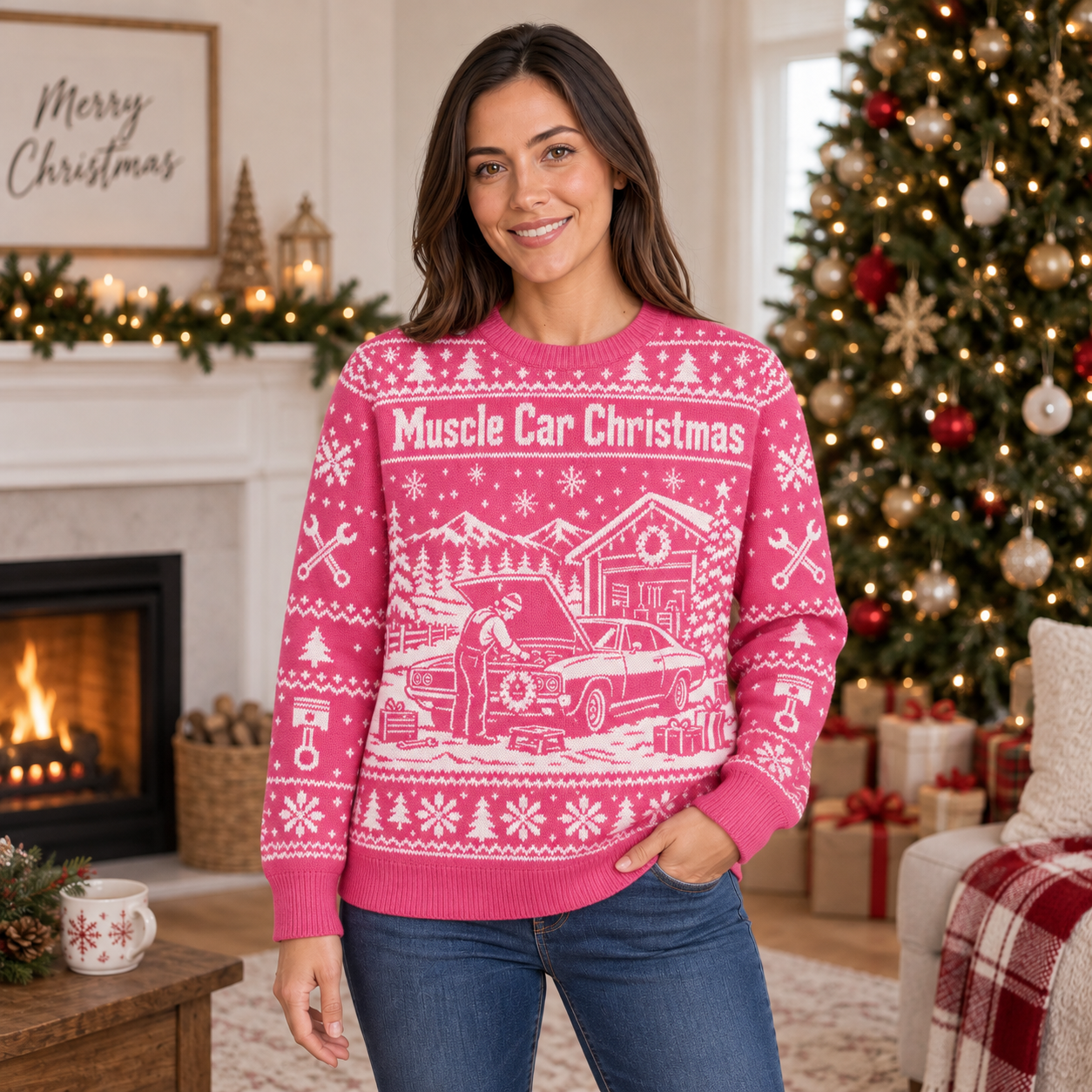 [popular-sweater:PX-20-14:female] Muscle Car Christmas Ugly Christmas Sweatshirt - Female view