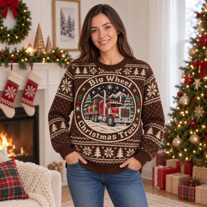 [popular-sweater:PX-20-15:female] Big Wheel Christmas Truck Ugly Christmas Sweatshirt - Female view