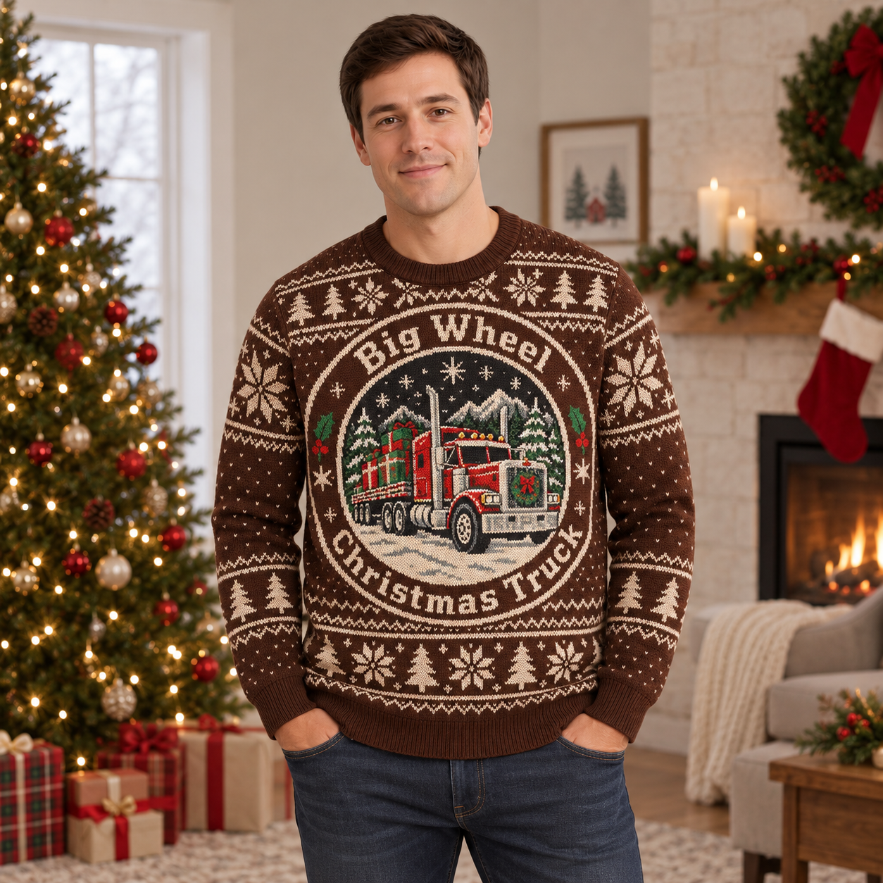 [popular-sweater:PX-20-15:male] Big Wheel Christmas Truck Ugly Christmas Sweatshirt - Male view