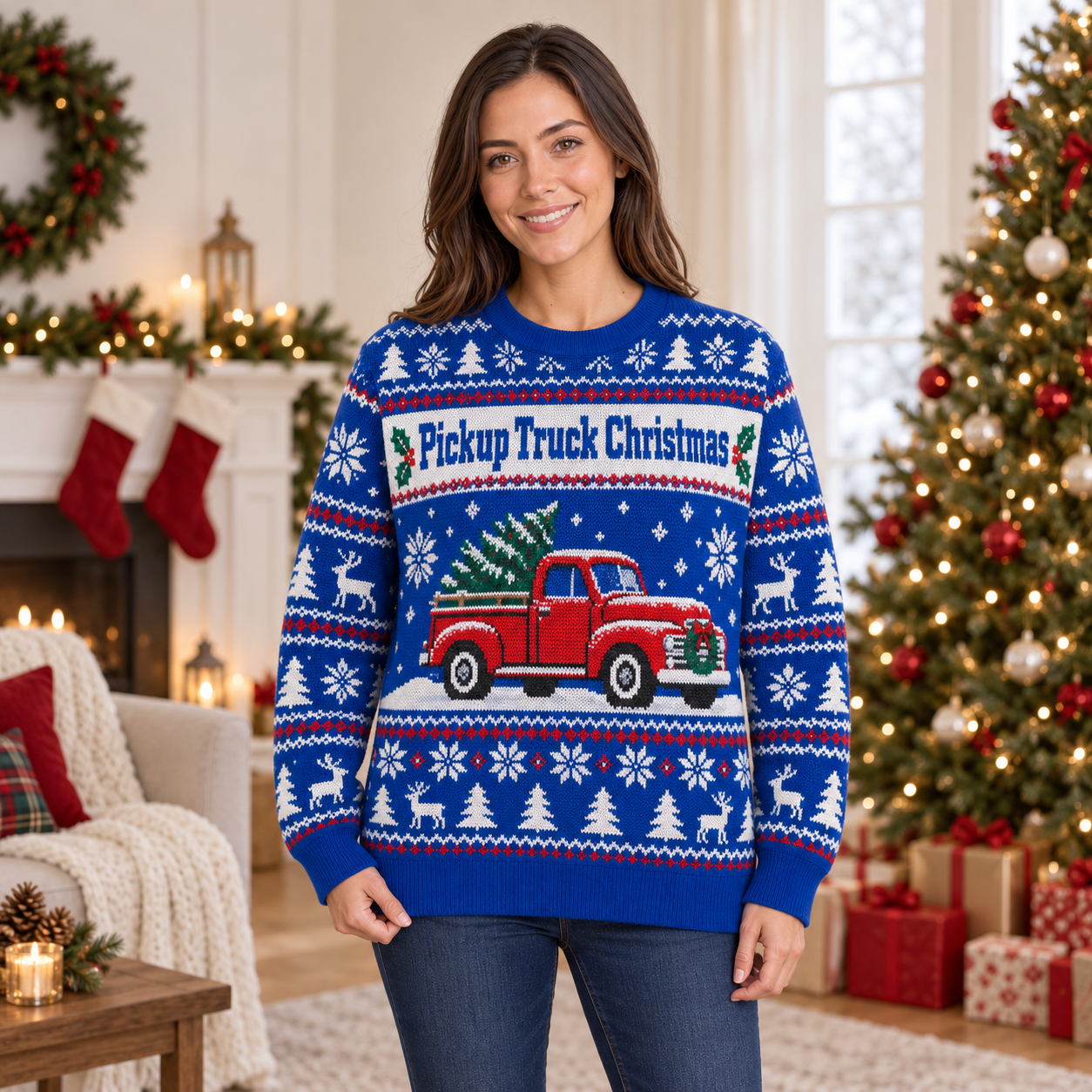 [popular-sweater:PX-20-16:female] Pickup Truck Christmas Ugly Christmas Sweatshirt - Female view