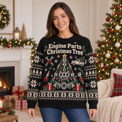 [popular-sweater:PX-20-18:female] Engine Parts Christmas Tree Ugly Christmas Sweatshirt - Female view