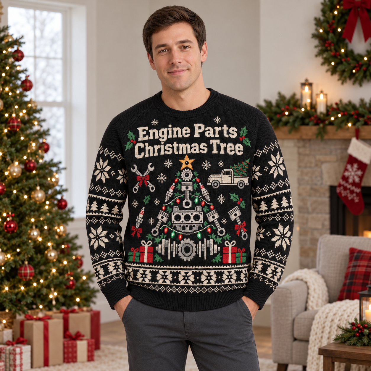 [popular-sweater:PX-20-18:male] Engine Parts Christmas Tree Ugly Christmas Sweatshirt - Male view
