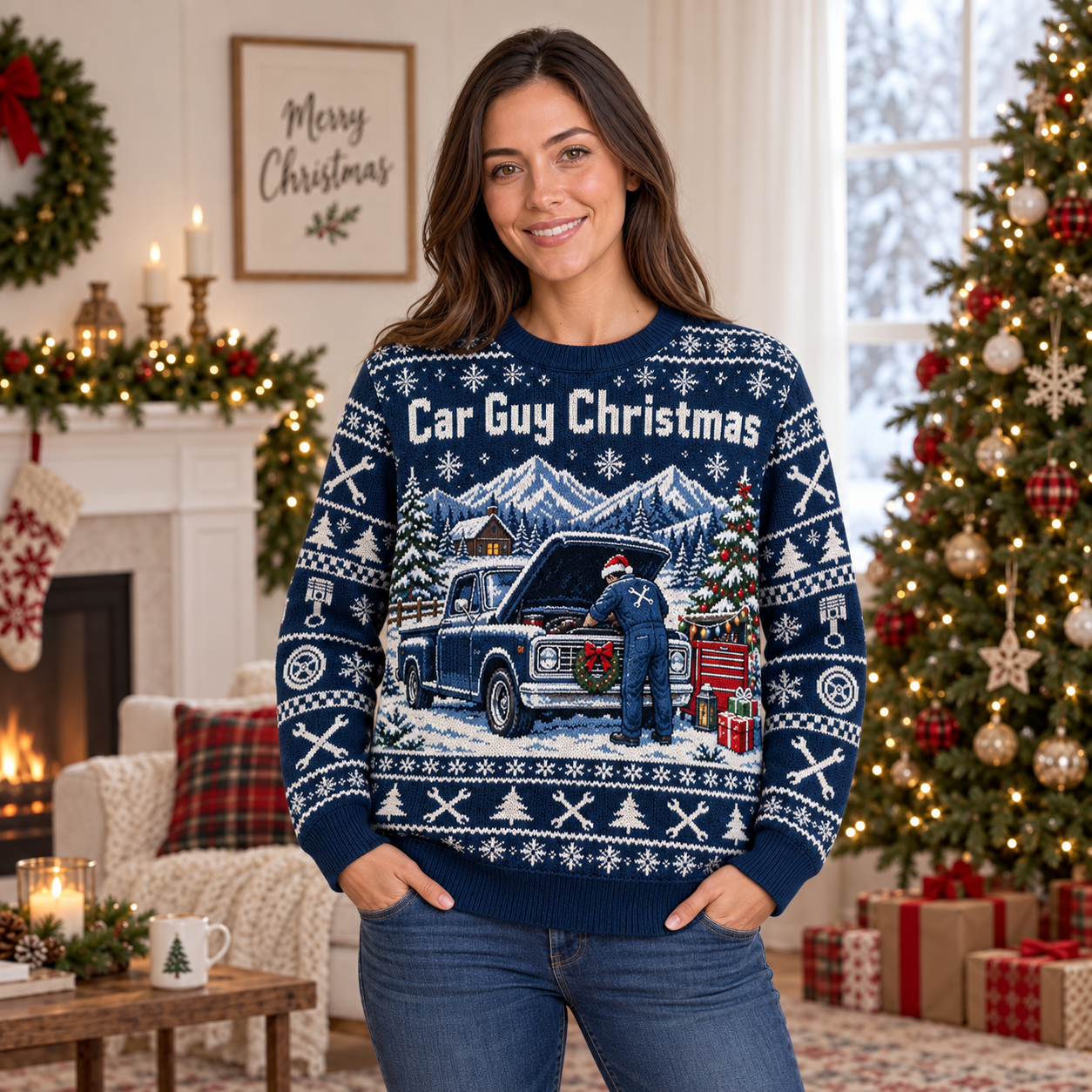 [popular-sweater:PX-20-19:female] Car Guy Christmas Ugly Christmas Sweatshirt - Female view