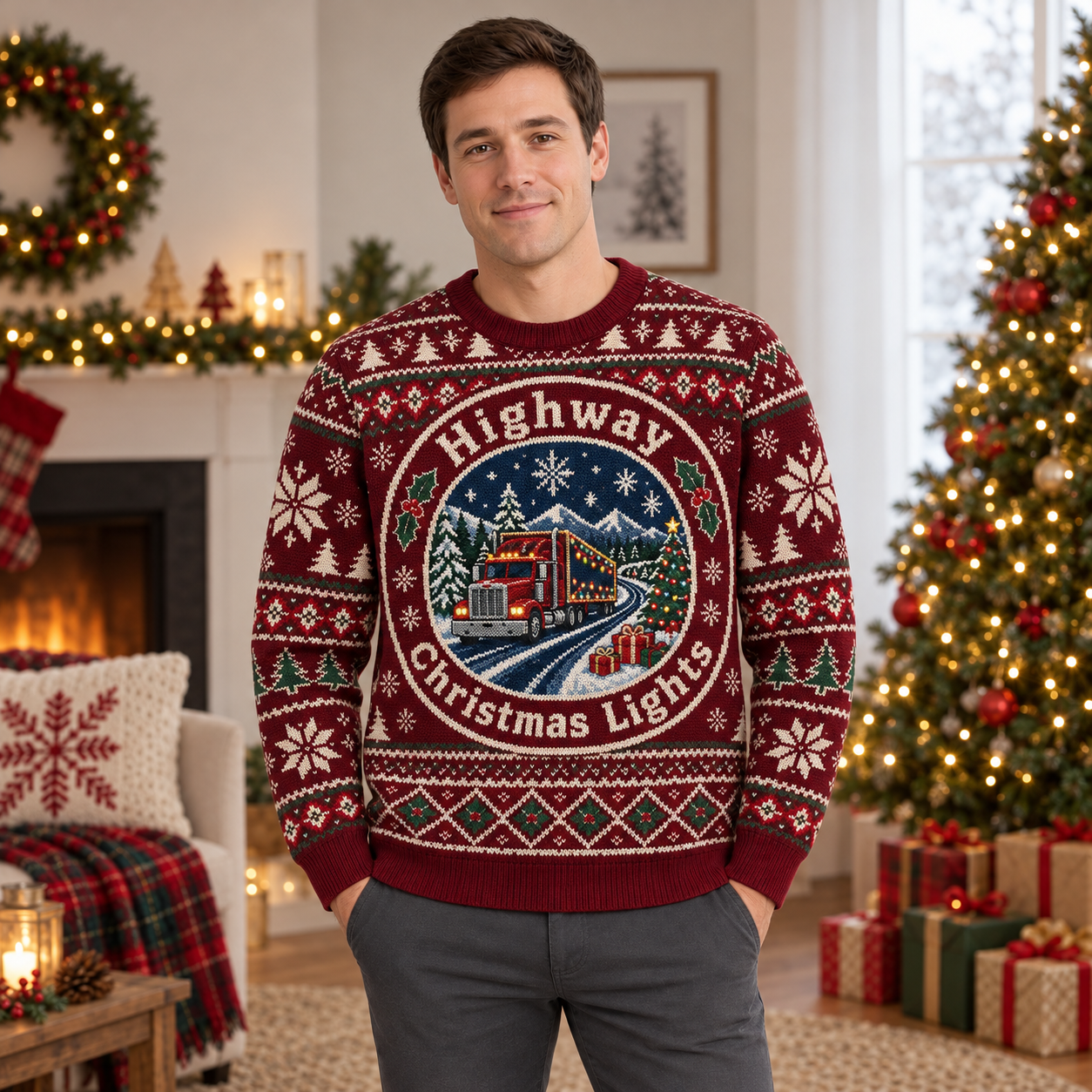 [popular-sweater:PX-20-20:male] Highway Christmas Lights Ugly Christmas Sweatshirt - Male view
