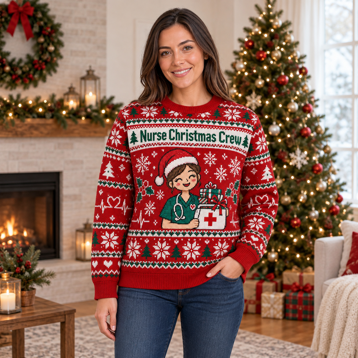 [popular-sweater:PX-21-01:female] Nurse Christmas Crew Ugly Christmas Sweatshirt - Female view