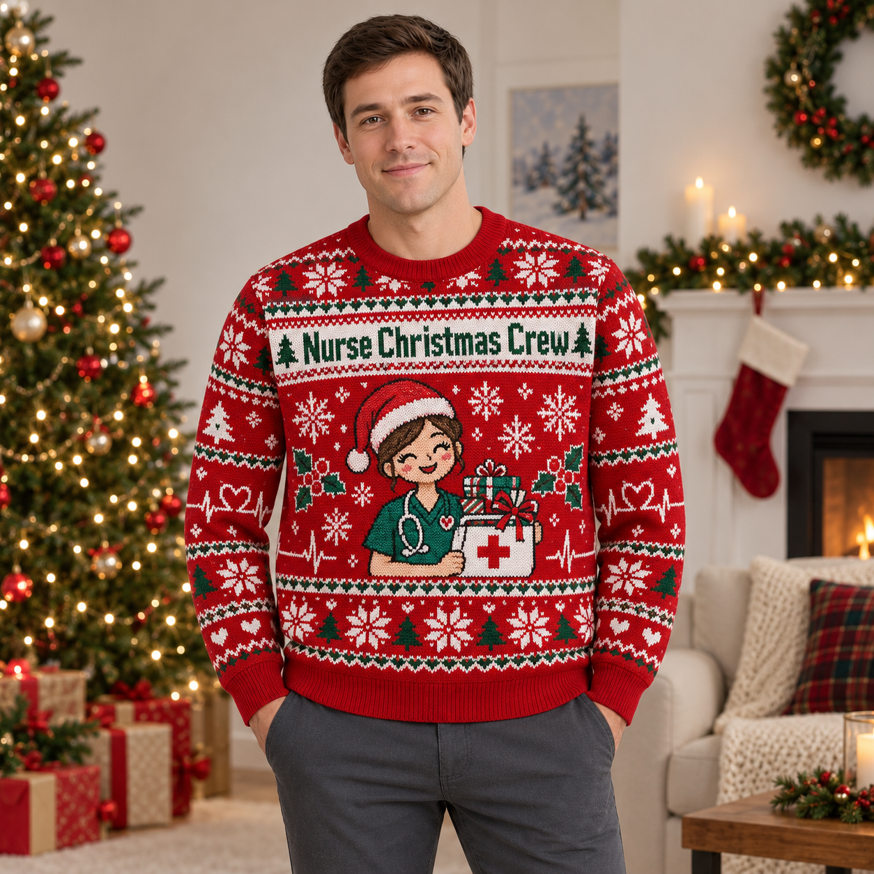 [popular-sweater:PX-21-01:male] Nurse Christmas Crew Ugly Christmas Sweatshirt - Male view