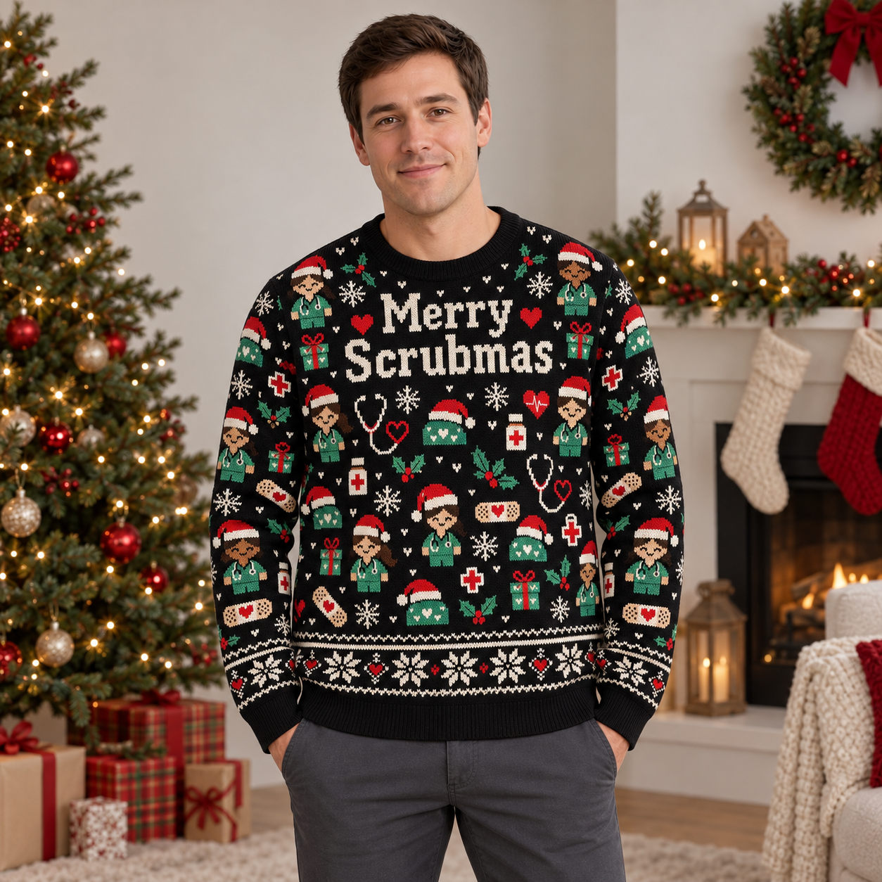 [popular-sweater:PX-21-02:male] Merry Scrubmas Ugly Christmas Sweatshirt - Male view