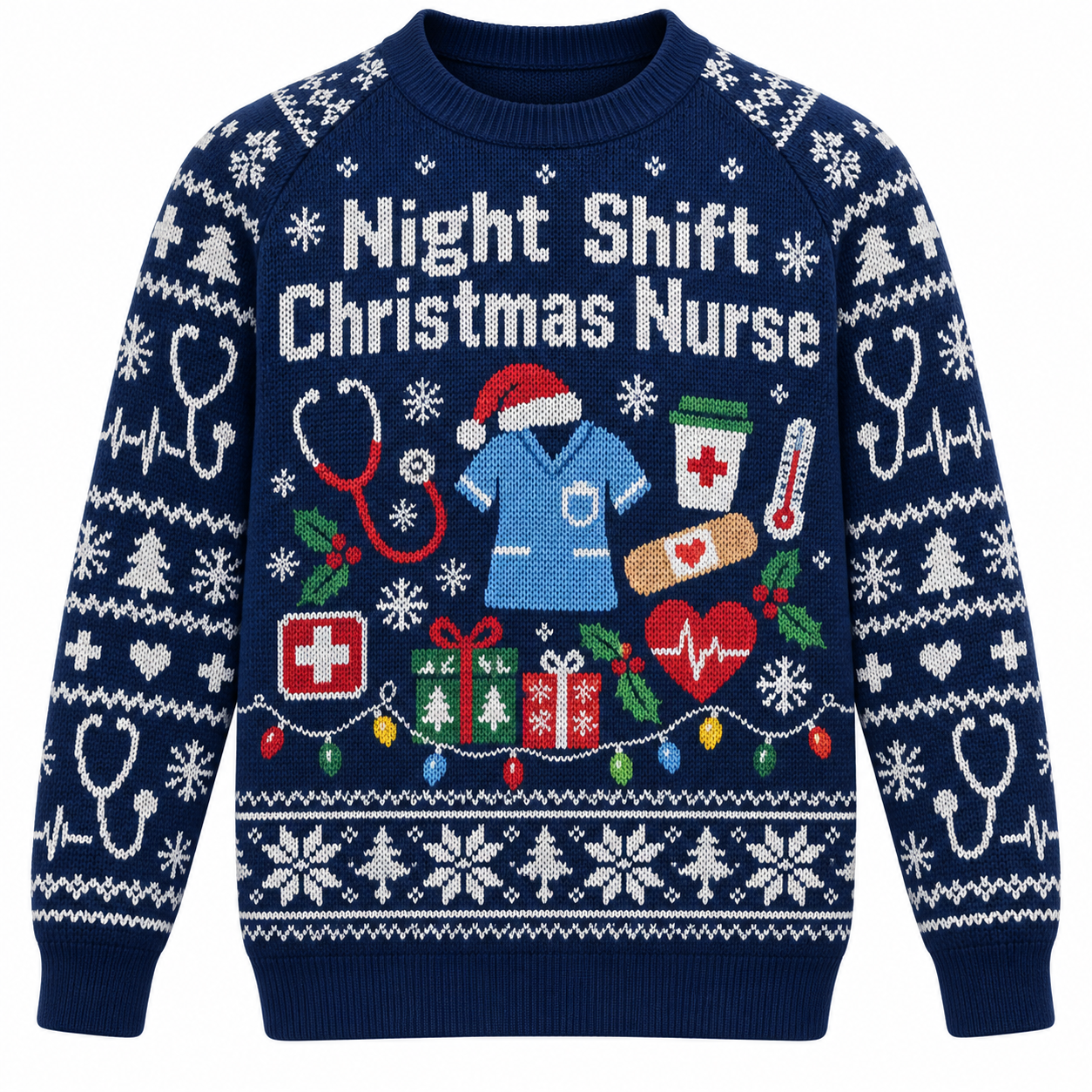 [popular-sweater:PX-21-03:front] Night Shift Christmas Nurse Ugly Christmas Sweatshirt - Front view