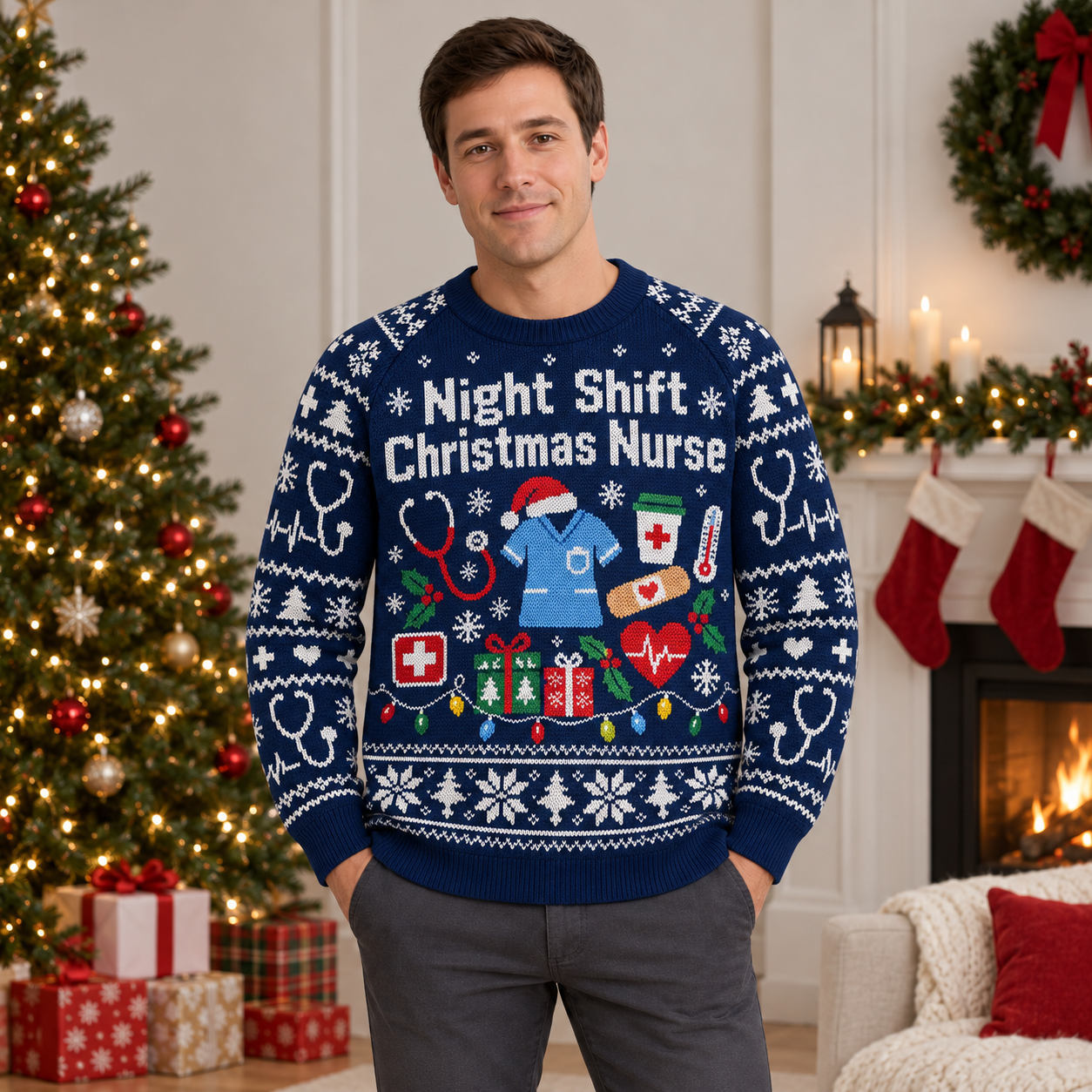 [popular-sweater:PX-21-03:male] Night Shift Christmas Nurse Ugly Christmas Sweatshirt - Male view