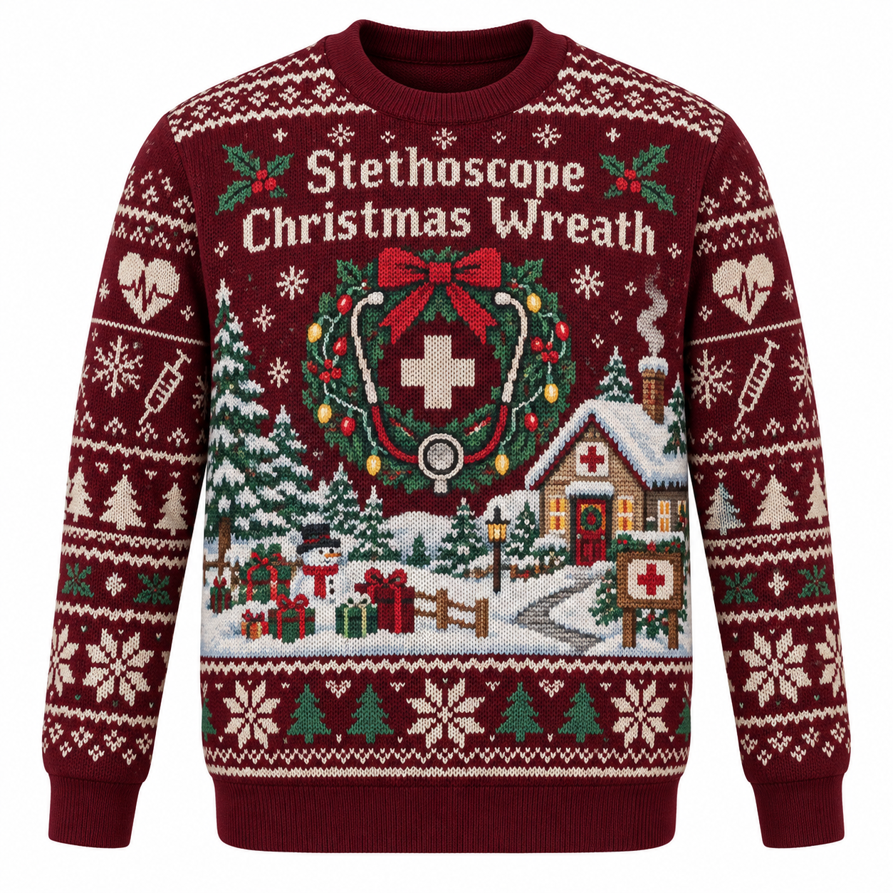 [popular-sweater:PX-21-04:front] Stethoscope Christmas Wreath Ugly Christmas Sweatshirt - Front view