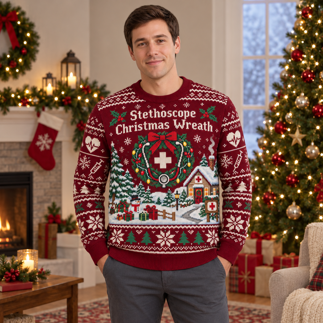 [popular-sweater:PX-21-04:male] Stethoscope Christmas Wreath Ugly Christmas Sweatshirt - Male view