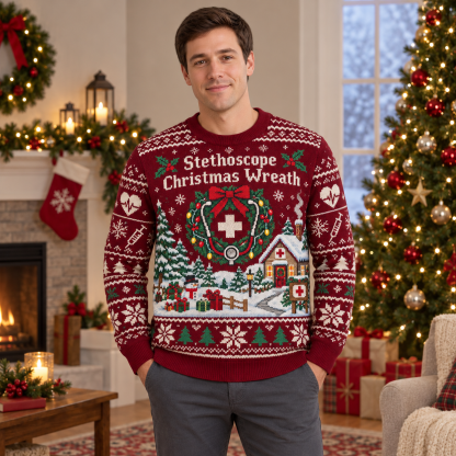 [popular-sweater:PX-21-04:male] Stethoscope Christmas Wreath Ugly Christmas Sweatshirt - Male view