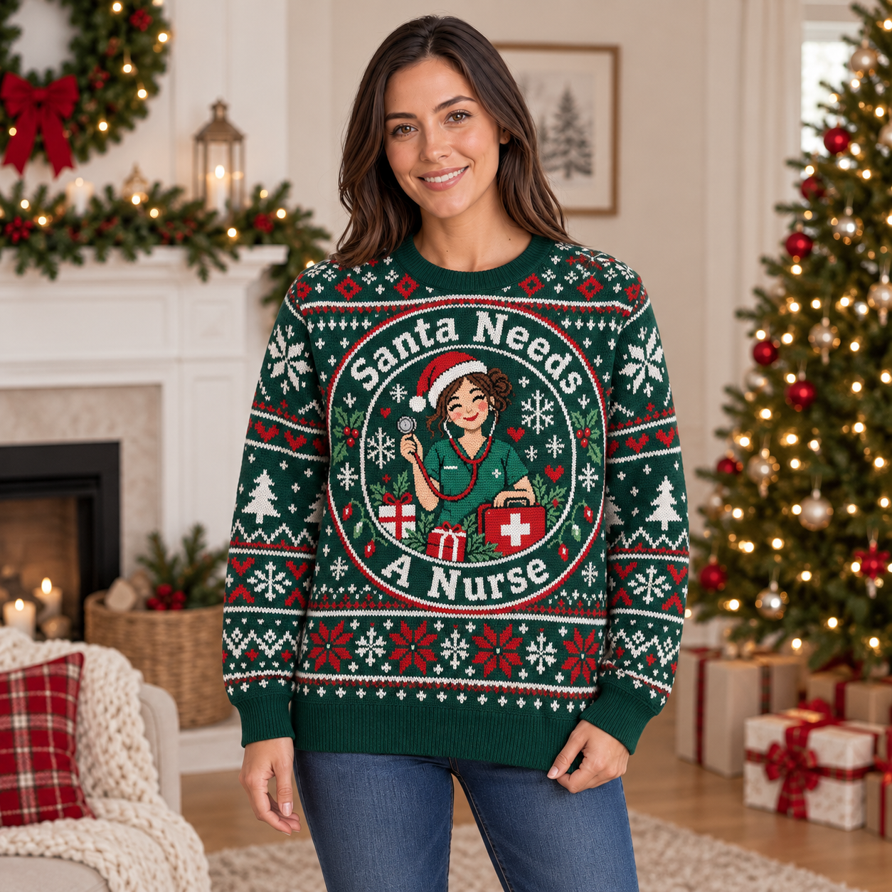 [popular-sweater:PX-21-05:female] Santa Needs A Nurse Ugly Christmas Sweatshirt - Female view