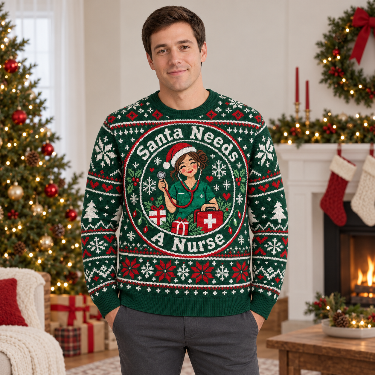 [popular-sweater:PX-21-05:male] Santa Needs A Nurse Ugly Christmas Sweatshirt - Male view