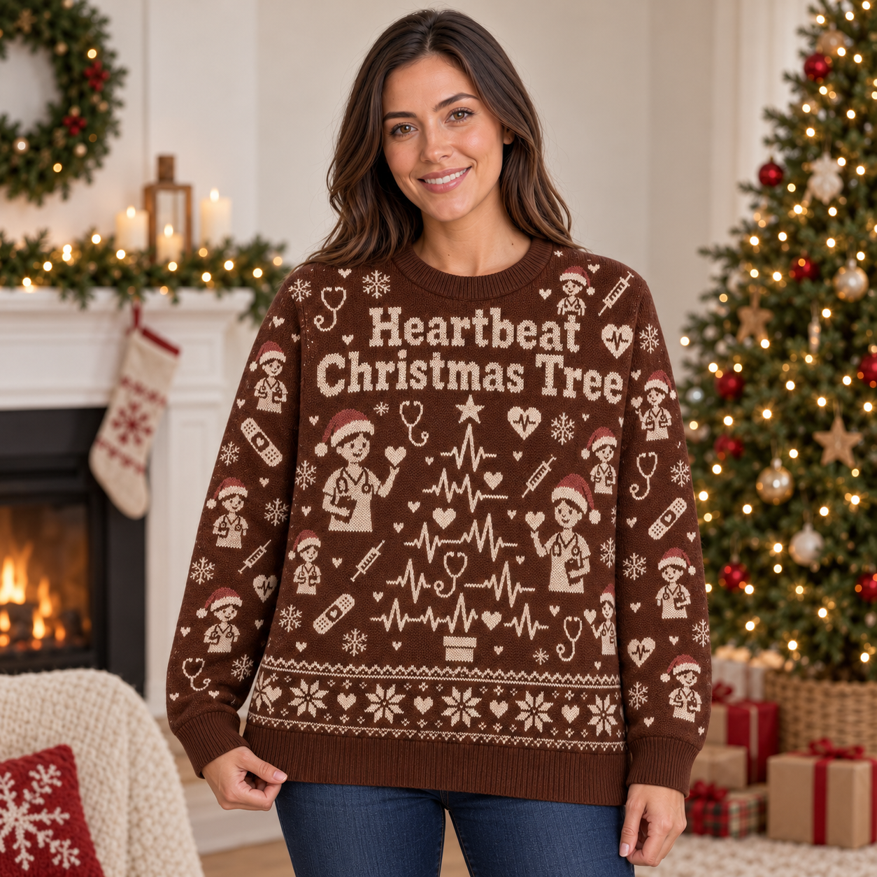 [popular-sweater:PX-21-07:female] Heartbeat Christmas Tree Ugly Christmas Sweatshirt - Female view