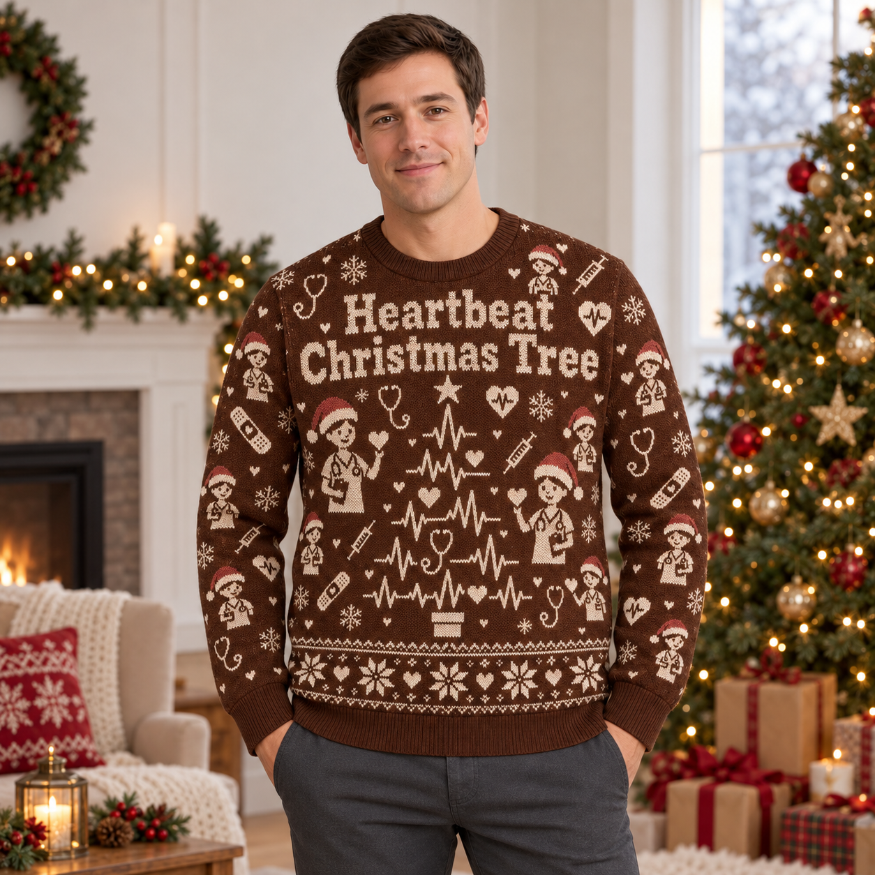 [popular-sweater:PX-21-07:male] Heartbeat Christmas Tree Ugly Christmas Sweatshirt - Male view