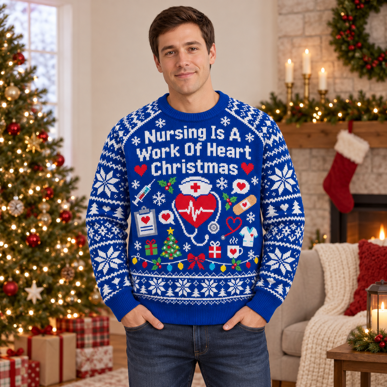 [popular-sweater:PX-21-08:male] Nursing Is A Work Of Heart Christmas Ugly Christmas Sweatshirt - Male view